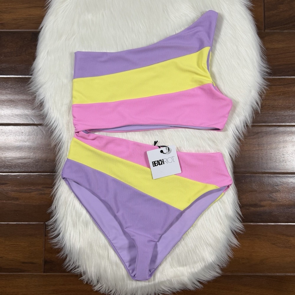 Beach Riot One-Shoulder Colorblock One-Piece Swimsuit in Lavender, Pink & Yellow